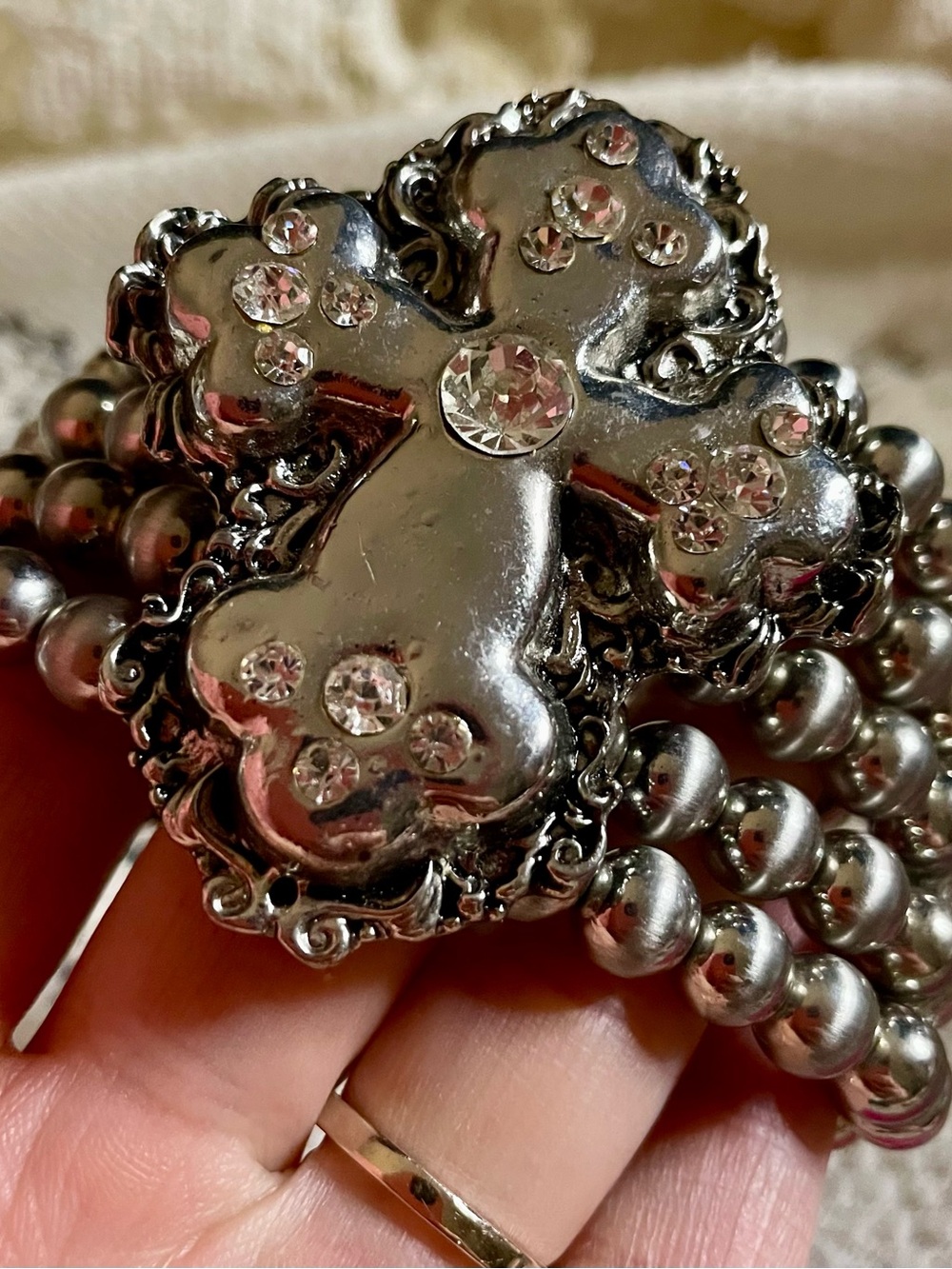 Silver Rhinestone Cross Stretch Bracelet Goth or Western Look - Picture 3 of 7